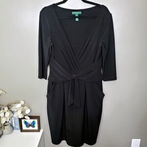 Lauren Ralph Lauren Black Dress Womens Size 12 V Neck Tie Front Pockets Stretch